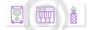 Set line Birthday cake candles, Stereo speaker and Music synthesizer icon. Vector