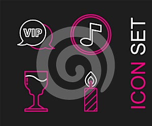 Set line Birthday cake candles, Wine glass, Music note, tone and Vip speech bubble icon. Vector