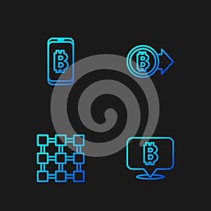 Set line Bitcoin, Blockchain technology, Mining bitcoin from mobile and . Gradient color icons. Vector