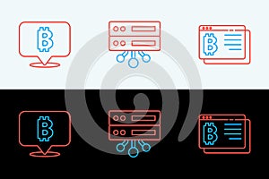 Set line Bitcoin in browser, and Server icon. Vector