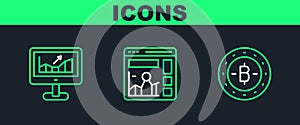 Set line Bitcoin, Computer with growth graph and Website icon. Vector