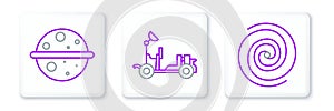 Set line Black hole, Planet Venus and Mars rover icon. Vector