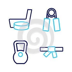 Set line Black karate belt, Kettlebell, Sport expander and Ice hockey stick puck icon. Vector