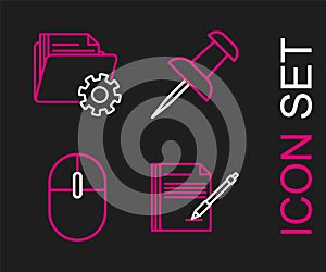 Set line Blank notebook and pen, Computer mouse, Push pin and Folder settings with gears icon. Vector