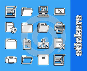 Set line Blank notebook and pen, Delete file document, Printer, Computer with keyboard x mark, Document folder, settings