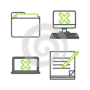 Set line Blank notebook and pen, Laptop cross mark on screen, Computer with keyboard x and Document folder icon. Vector