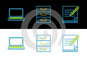 Set line Blank notebook and pencil with eraser, Laptop and Drawer documents icon. Vector