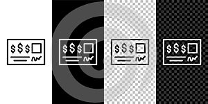 Set line Blank template of the bank check and pen icon isolated on black and white, transparent background. Checkbook