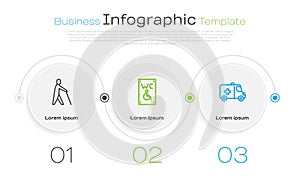 Set line Blind human holding stick, Separated toilet for disabled and Emergency car. Business infographic template