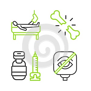 Set line Blindness, Syringe, Human broken bone and Patient with leg icon. Vector