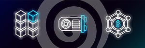Set line Blockchain technology Bitcoin, and Mining farm icon. Glowing neon. Vector