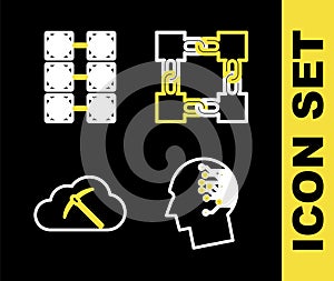 Set line Blockchain technology, Bitcoin think, Cryptocurrency cloud mining and Mining farm icon. Vector