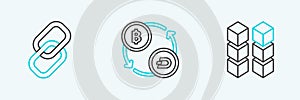 Set line Blockchain technology, Chain link and Cryptocurrency exchange icon. Vector