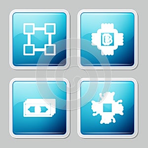 Set line Blockchain technology, CPU mining farm, Cryptocurrency bitcoin and Processor icon. Vector