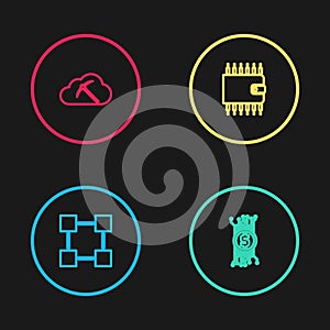 Set line Blockchain technology, Cryptocurrency bitcoin circuit, wallet and cloud mining icon. Vector