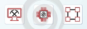 Set line Blockchain technology, Mining with monitor and pickaxe and Processor chip dollar icon. Vector
