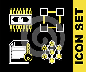 Set line Blockchain technology, Smart contract and Cryptocurrency bitcoin with circuit icon. Vector