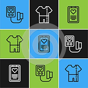 Set line Blood pressure, Medical clipboard and Sport track suit icon. Vector
