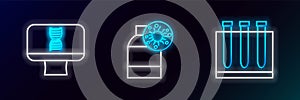 Set line Blood test and virus, DNA spiral computer and Bottle with icon. Glowing neon. Vector