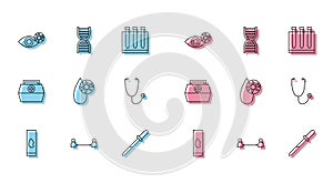 Set line Blood test and virus, Safe distance, Reddish eye due to, Pipette, Stethoscope, First aid kit and DNA symbol