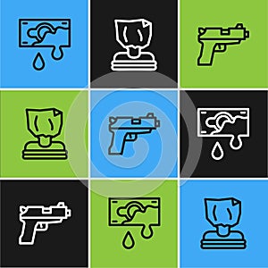 Set line Bloody money, Pistol or gun and Kidnaping icon. Vector