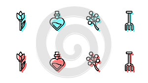 Set line Blossom tree branch, Flower tulip, Bottle with love potion and Garden rake icon. Vector