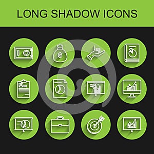 Set line Board with graph chart, Briefcase, Safe, Target, Document, Computer monitor and icon. Vector