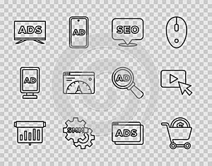 Set line Board with graph chart, Shopping cart and dollar, SEO optimization, Social media marketing, Advertising