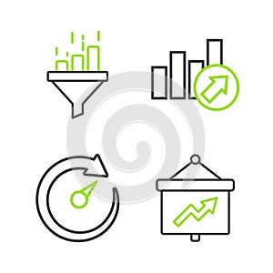 Set line Board with graph, Digital speed meter, Financial growth and Sales funnel chart icon. Vector