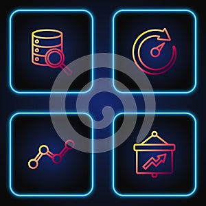 Set line Board with graph, Graph chart infographic, Server and Digital speed meter. Gradient color icons. Vector