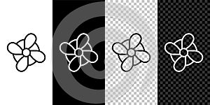 Set line Boat propeller, turbine icon isolated on black and white, transparent background. Vector