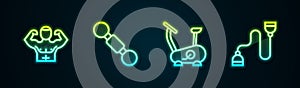 Set line Bodybuilder muscle, Dumbbell, Stationary bicycle and Chest expander. Glowing neon icon. Vector