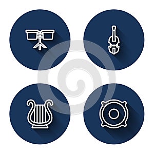 Set line Bongo drum, Violin, Ancient Greek lyre and Stereo speaker with long shadow. Blue circle button. Vector