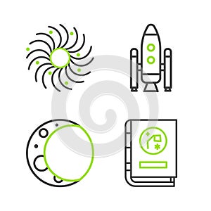 Set line Book by astronomy, Moon, Space shuttle and rockets and Black hole icon. Vector