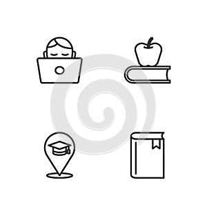 Set line Book, Online education, Student working laptop and with apple icon. Vector