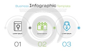 Set line Book about women, Calendar with 8 March and Castle in the shape of a heart. Business infographic template