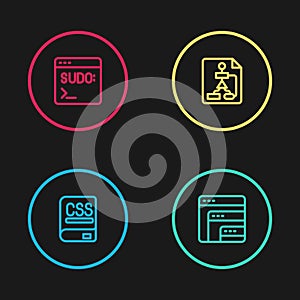 Set line Books about programming, Software, Flowchart and Code terminal icon. Vector