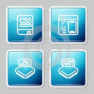 Set line Books about programming, Software, Processor with microcircuits CPU and icon. Vector