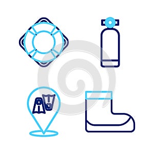 Set line Boots, Flippers for swimming, Aqualung and Lifebuoy icon. Vector