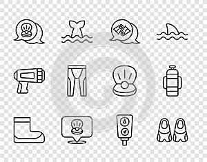 Set line Boots, Flippers for swimming, Scallop sea shell, Wetsuit scuba diving, Gauge scale and Aqualung icon. Vector