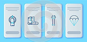 Set line Boots, Ski poles, Aqualung and Parachute icon. Vector