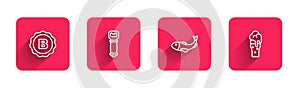 Set line Bottle cap with beer, opener, Dried fish and Glass of with long shadow. Red square button. Vector