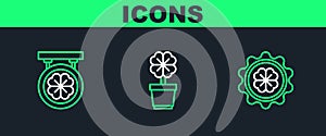 Set line Bottle cap with four leaf clover, Street signboard and Four in pot icon. Vector