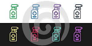 Set line Bottle of liquid antibacterial soap with dispenser icon isolated on black and white background. Antiseptic