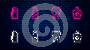 Set line Bottle of liquid antibacterial soap, Tooth, Rubber gloves and . Glowing neon icon on brick wall. Vector