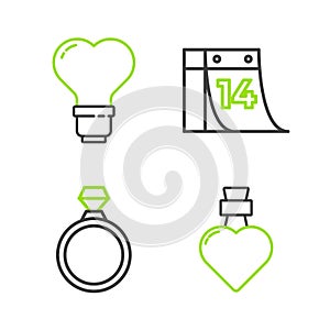 Set line Bottle with love potion, Diamond engagement ring, Calendar February 14 and Heart shape light bulb icon. Vector