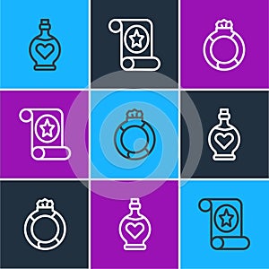 Set line Bottle with love potion, Magic stone ring gem and scroll icon. Vector