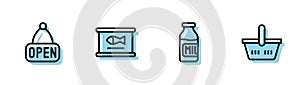 Set line Bottle with milk, Hanging sign Open, Canned fish and Shopping basket icon. Vector