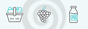 Set line Bottle with milk, Shopping basket and food and Grape fruit icon. Vector