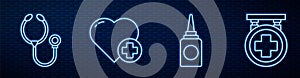 Set line Bottle nasal spray, Stethoscope, Heart with a cross, Hospital signboard and Shield and heart rate. Glowing neon